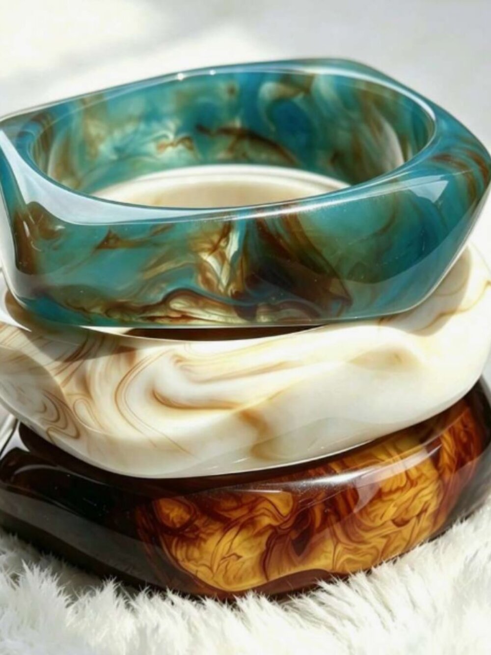 3pcs Geometric Asymmetrical Resin Acrylic Bangle Set, Bohemian Style Jewery